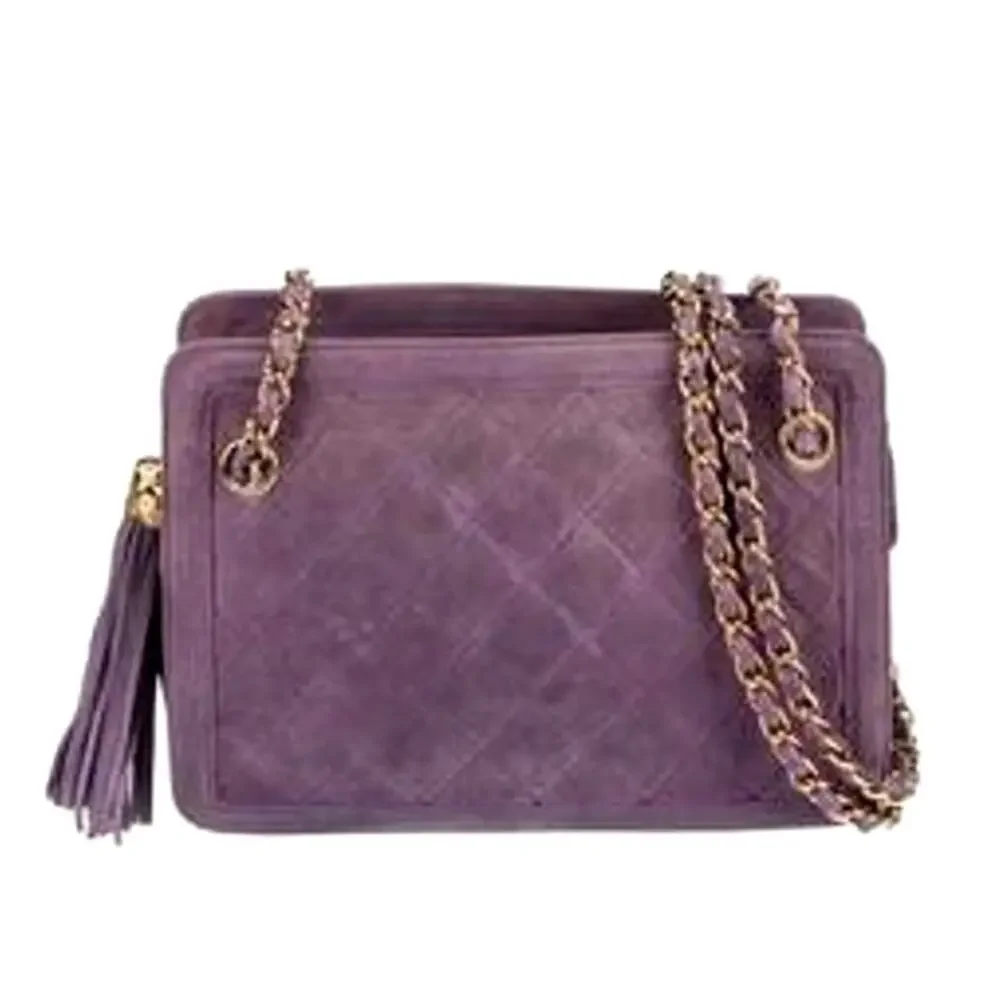 CHANEL Vintage Purple Quilted Suede Chain Link Shoulder Bag CC Logo Tassel Charm - Picture 2 of 16